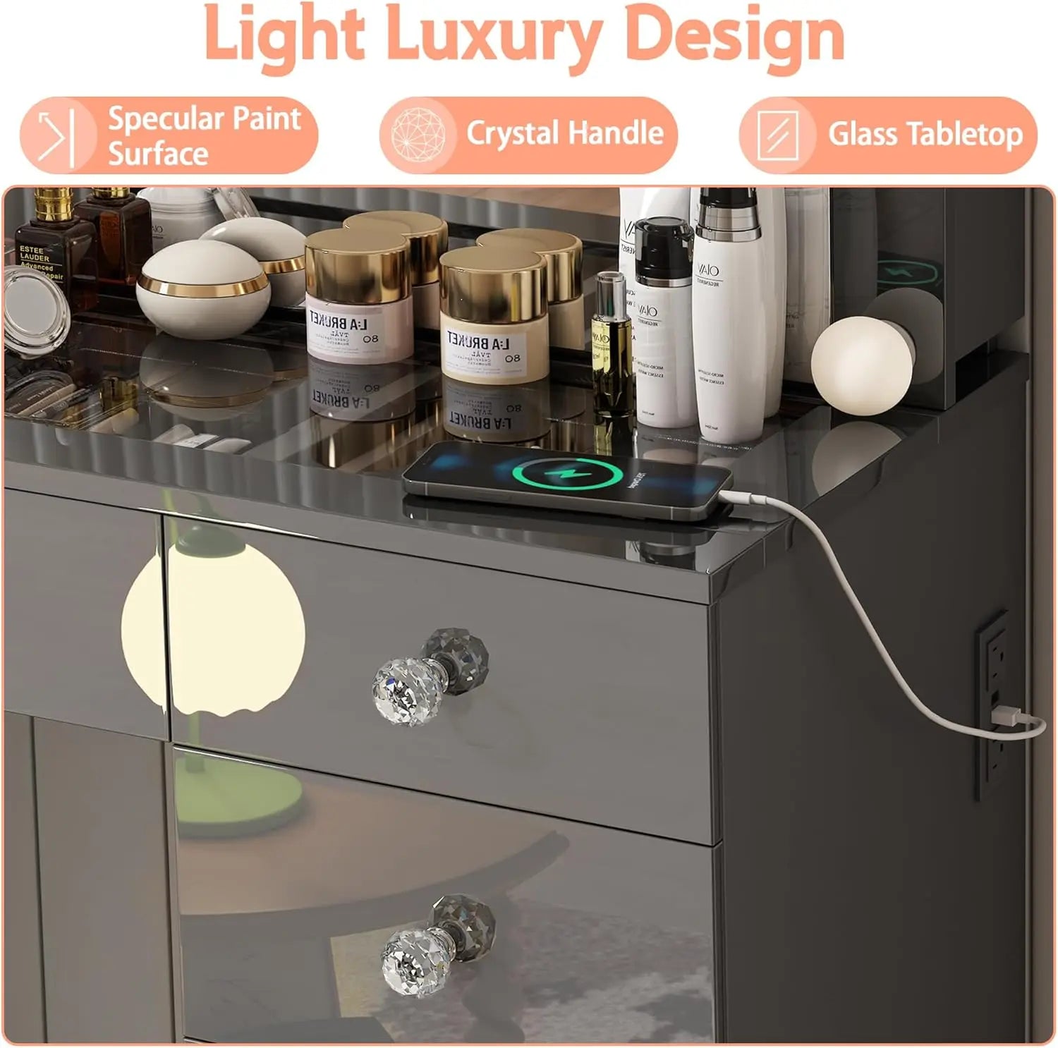 Vanity Desk with Power Outlet, Lighted Mirror & 14 LED Lights, 3 Lighting Modes, 11-Drawer Makeup Vanity Table with Sliding Jewelry Cabinets & Glass Top