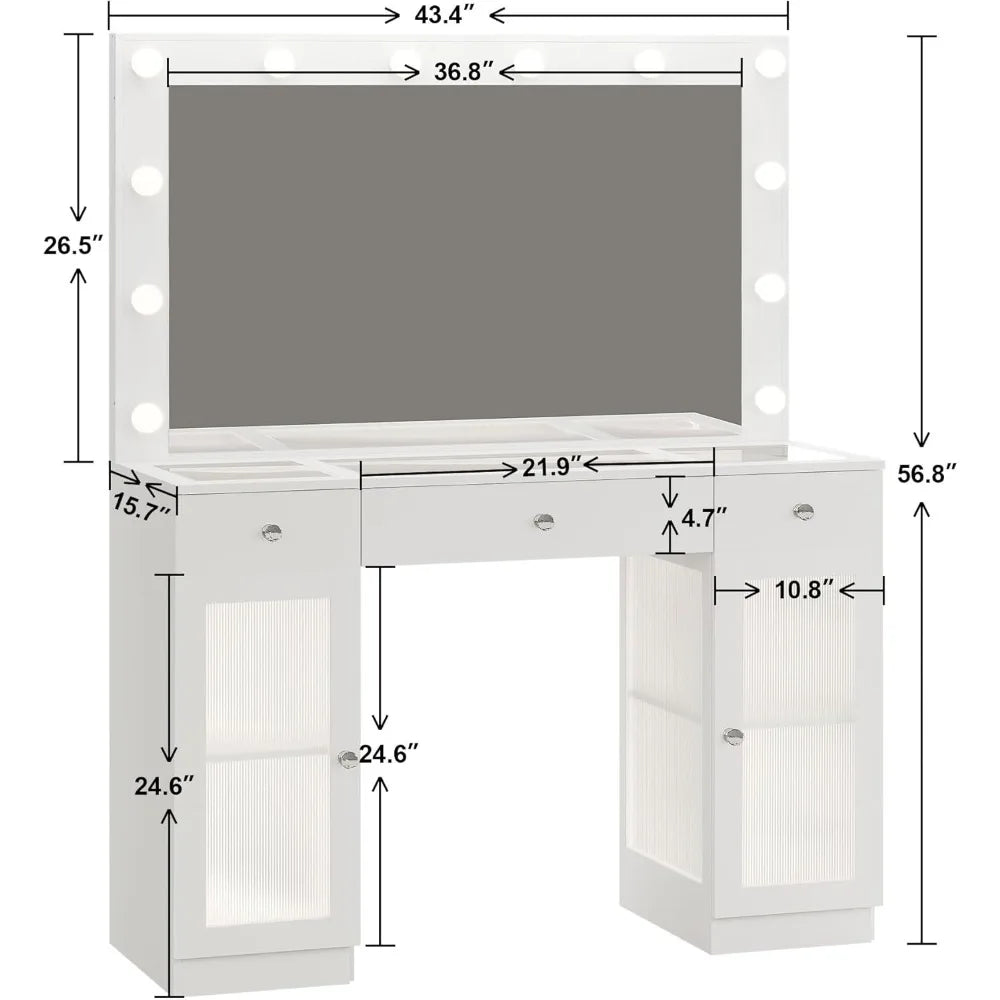 43" Glass Top Vanity Desk with Mirror, Lights & Power Outlet – 3 Drawers, Cabinets & Adjustable LED Modes