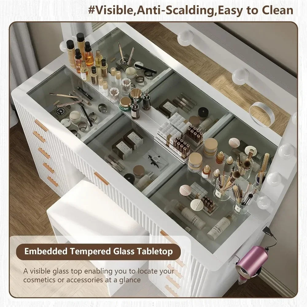 Vanity Desk with Lighted Mirror, Glass Top & Power Outlet – Includes Stool & 11 Drawers