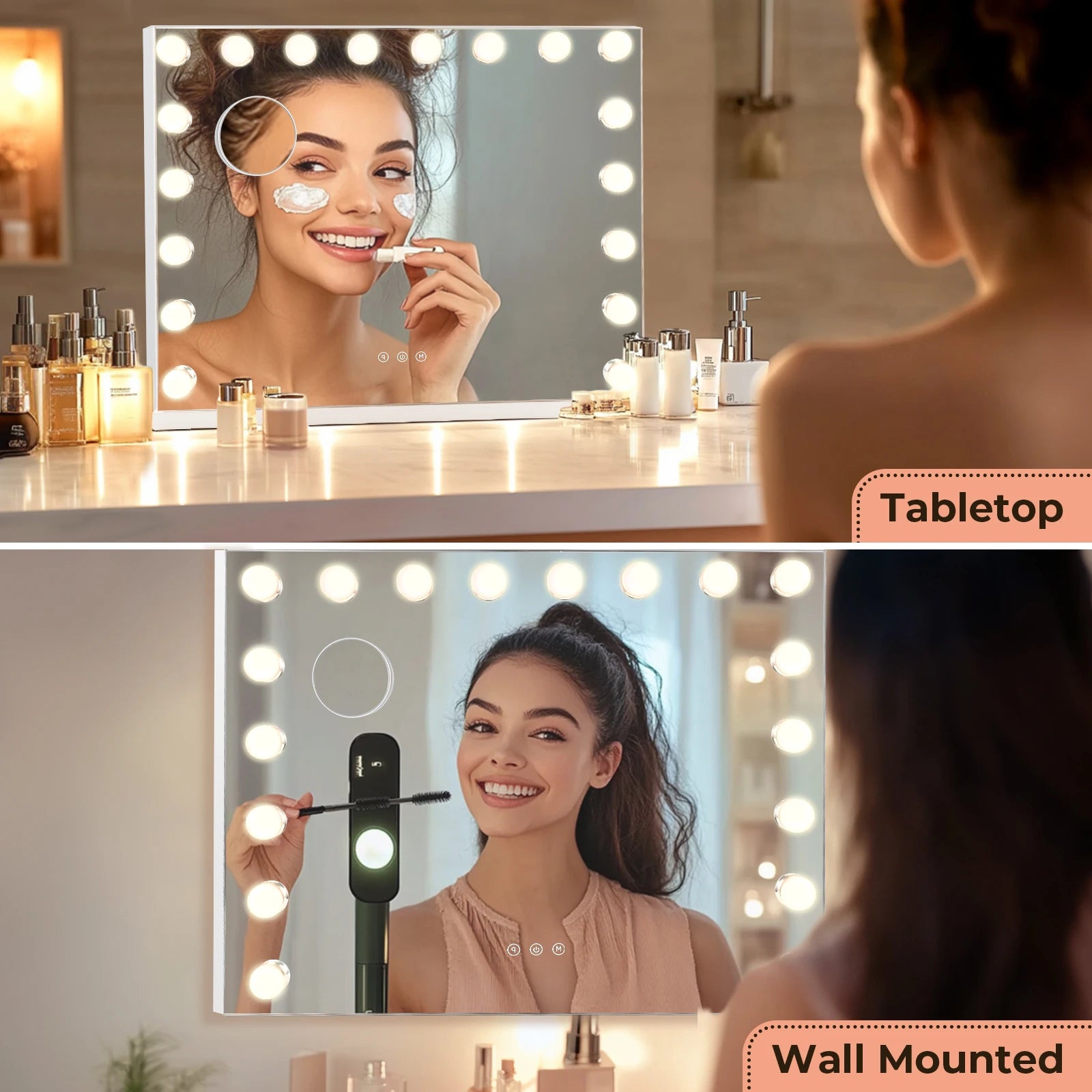 Hollywood Vanity Mirror with Lights, 18 Dimmable LED Bulbs, 3 Color Modes, USB Charging Port, Wall-Mounted or Tabletop