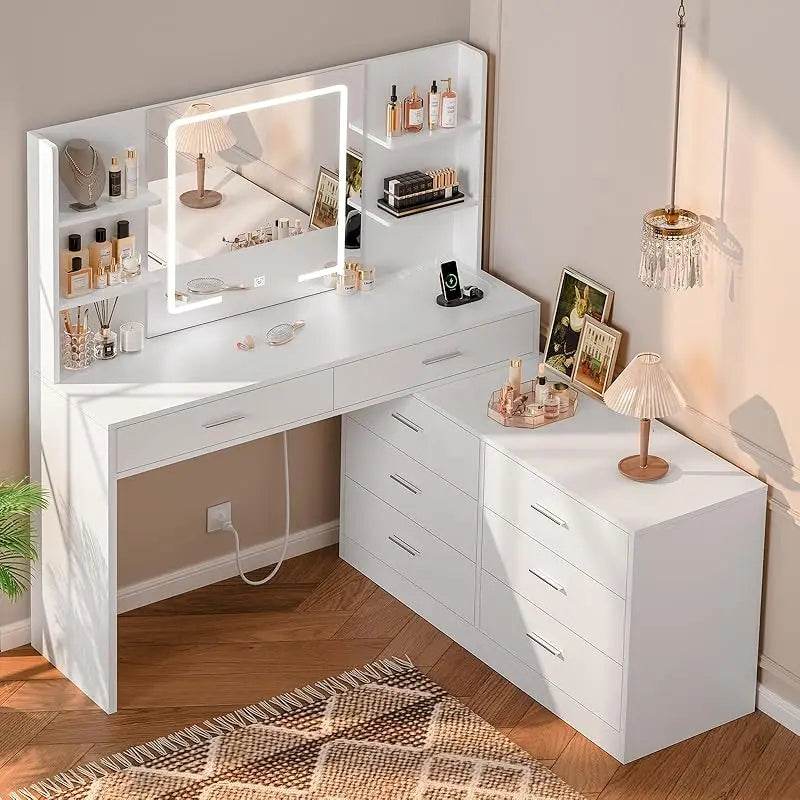 65.9" Vanity Desk with LED Mirror, Power Outlet & Adjustable Storage