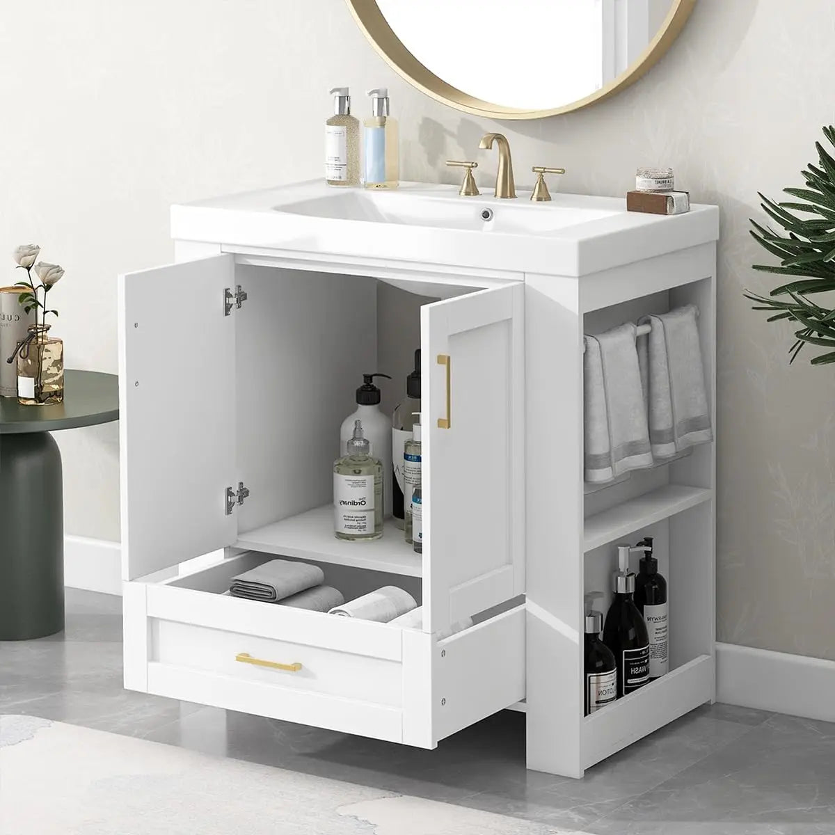 30" Freestanding Bathroom Vanity with Sink – Single Sink Cabinet with Drawer & Side Shelf