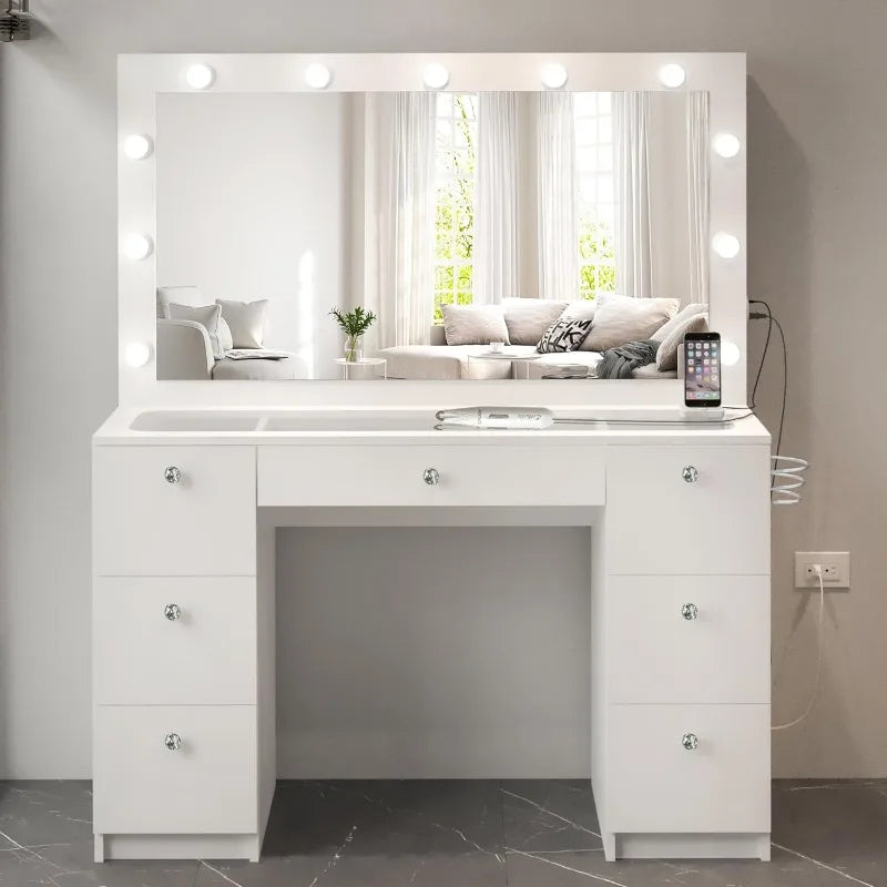 Vanity Desk with Mirror Lights, 7 Drawers, Crystal Knobs, USB Type-C & Type-A, Power Outlet, Hair Dryer Rack, Stylish Makeup Station