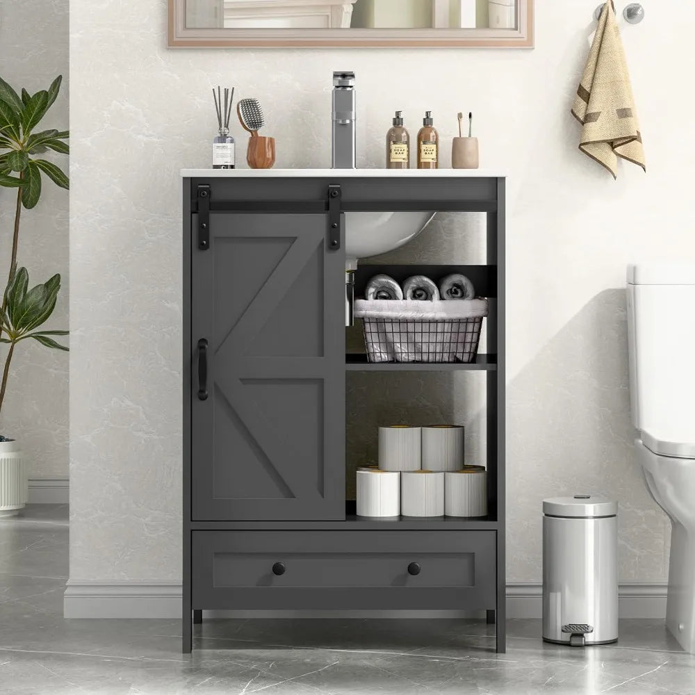24" Freestanding Bathroom Vanity with Sliding Door, Sink & Faucet Set