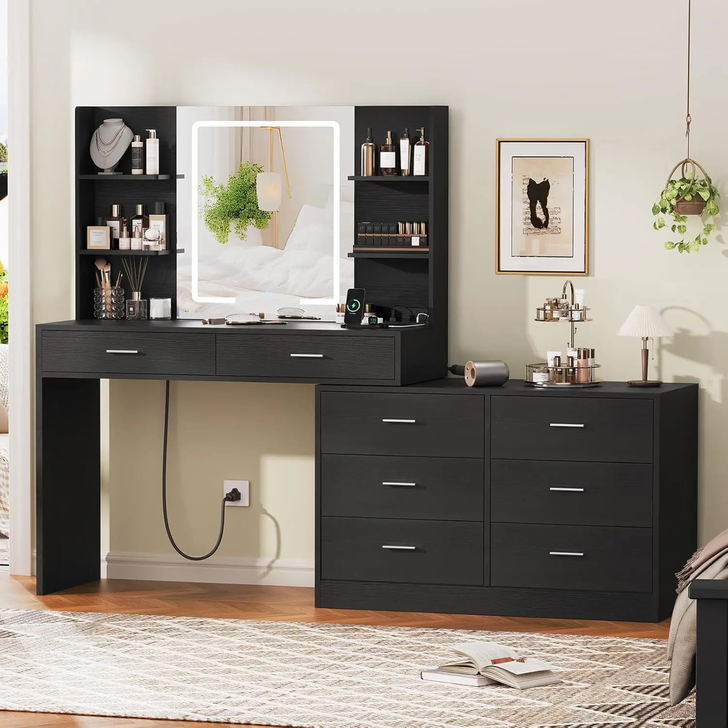 Corner Vanity Desk with LED Mirror – 8 Drawers, Shelves & Adjustable Lighting for Bedroom