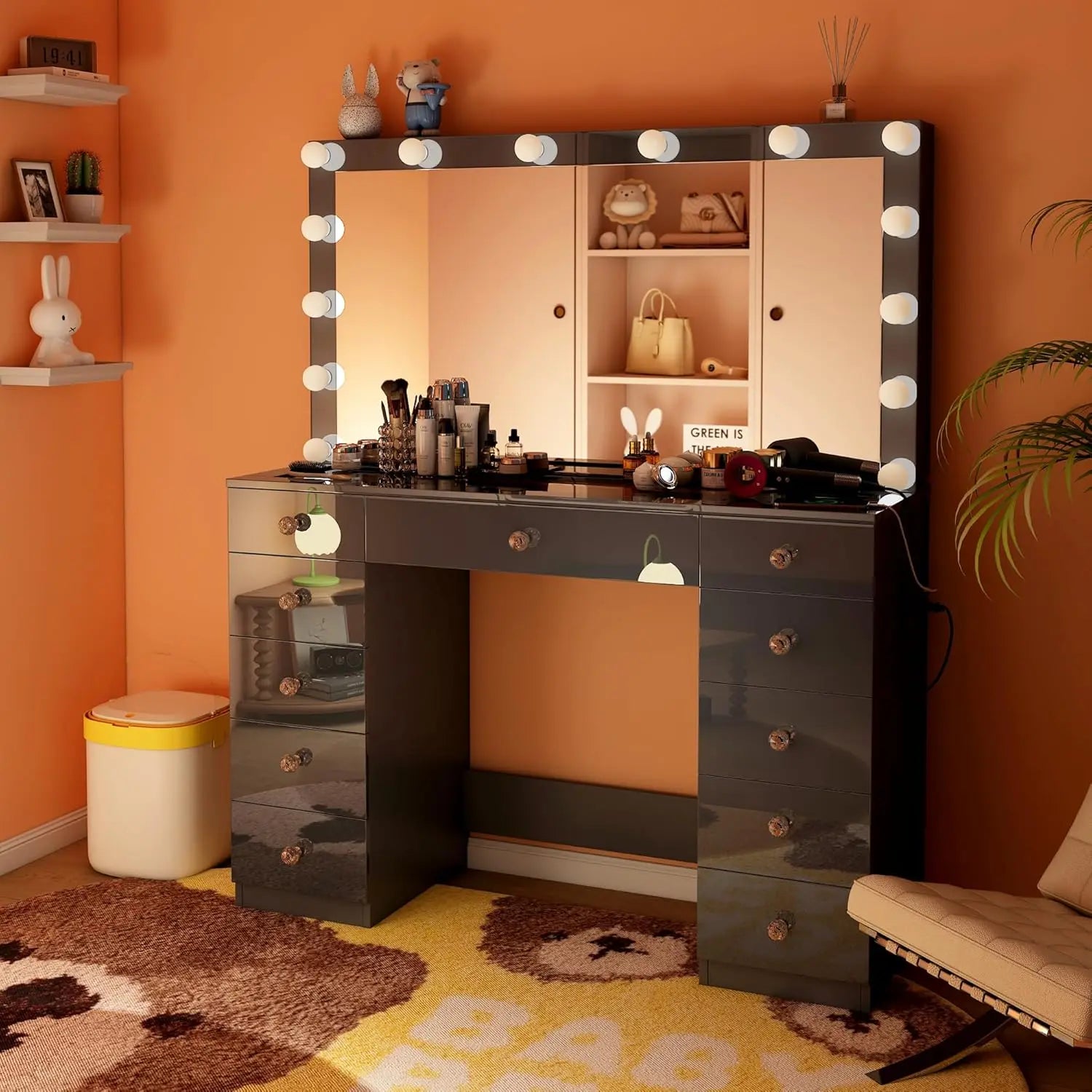 Vanity Desk with Power Outlet, Lighted Mirror & 14 LED Lights, 3 Lighting Modes, 11-Drawer Makeup Vanity Table with Sliding Jewelry Cabinets & Glass Top