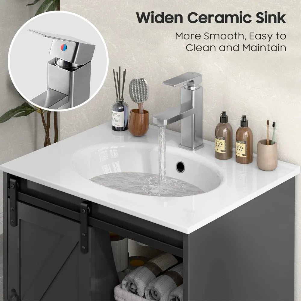 24" Freestanding Bathroom Vanity with Sliding Door, Sink & Faucet Set