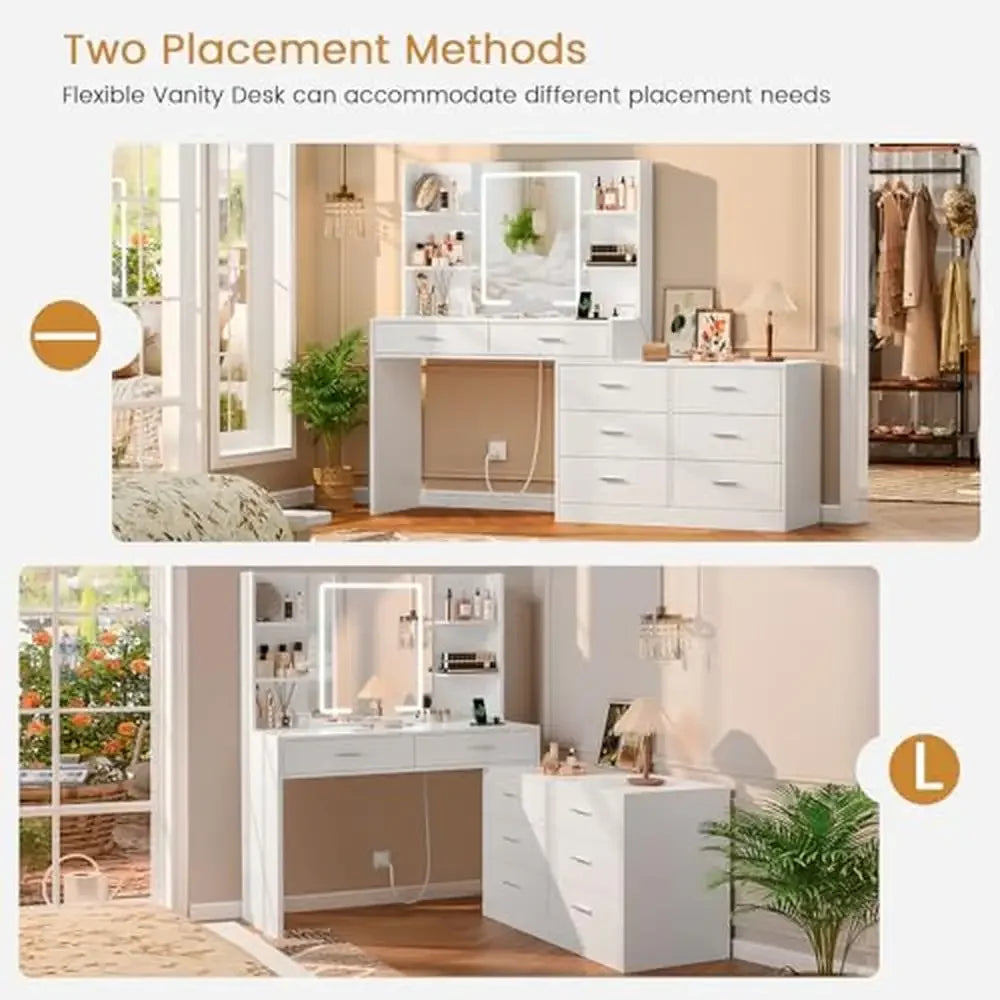 Modern Vanity Desk with LED Mirror, Corner Makeup Table with 8 Drawers & Storage Shelves – White