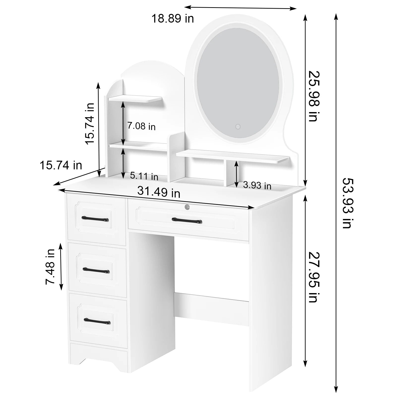 31.5" Vanity Desk with LED Mirror & Stool – Makeup Table with 4 Drawers & Open Storage Shelves