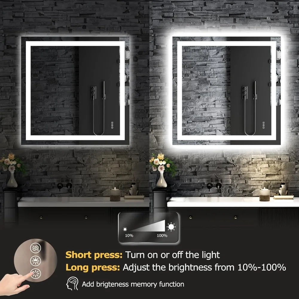 36"x36" LED Bathroom Mirror with Front & Backlight – Dimmable, Anti-Fog, Smart Memory Function
