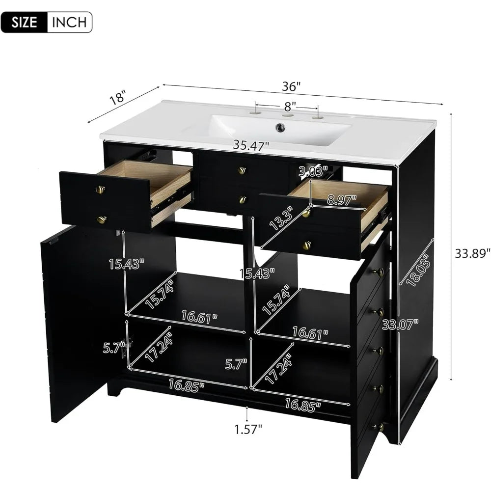 36" Freestanding Bathroom Vanity with Sink – Modern Black Vanity Cabinet with 2 Drawers & 2 Doors, Solid Wood, Farmhouse Style