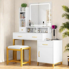 Makeup Vanity Desk with Mirror, Lights & Power Outlet 4 Drawers, Shelves, Cabinet, Dressing Table with Stool, 3-Color LED Lighting