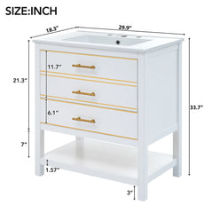 30-Inch Bathroom Vanity Cabinet with Ceramic Sink & Gold Accents Elegant Design Meets Everyday Functionality