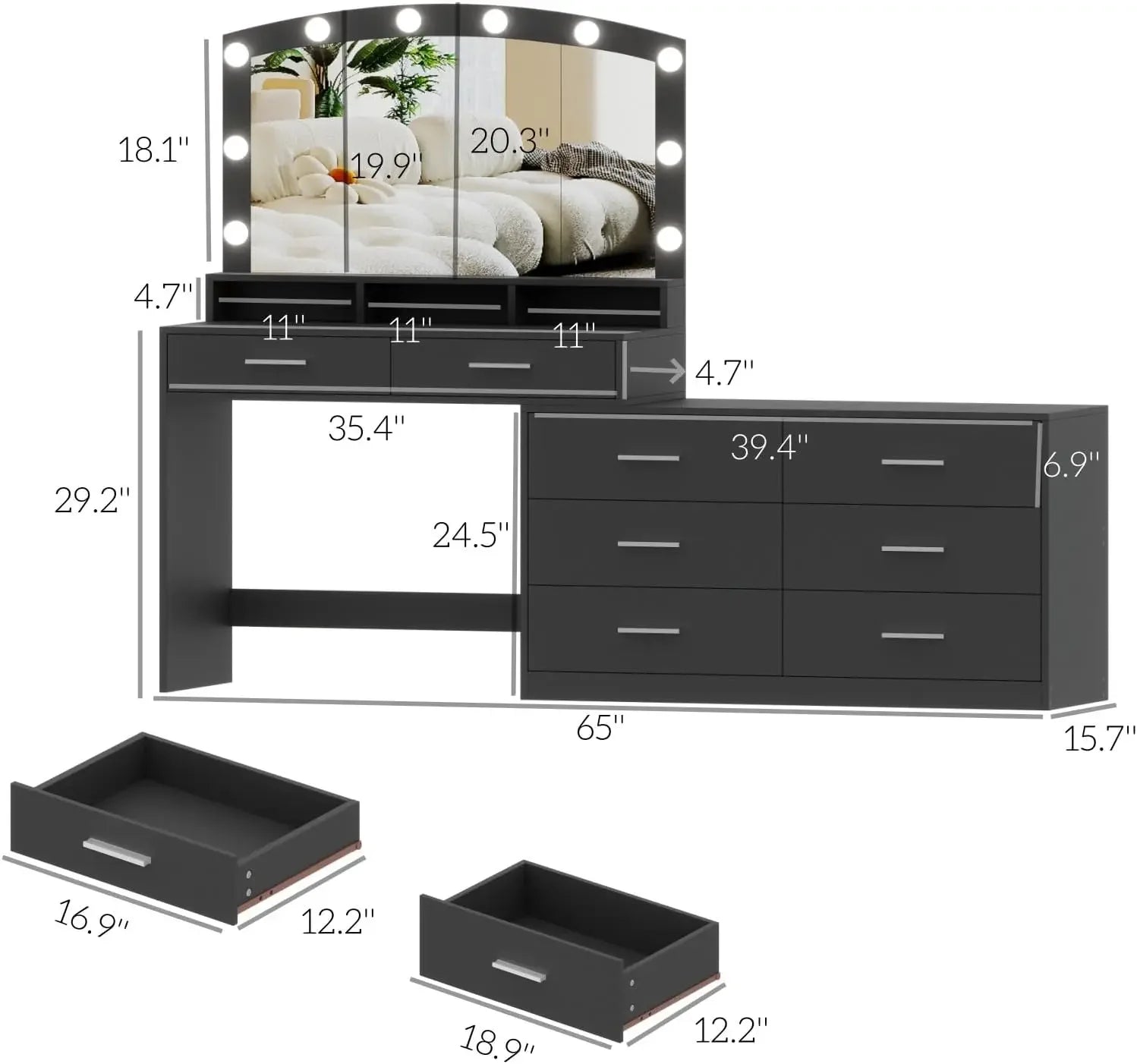 Vanity Desk with Large Mirror and 3-Color Lights