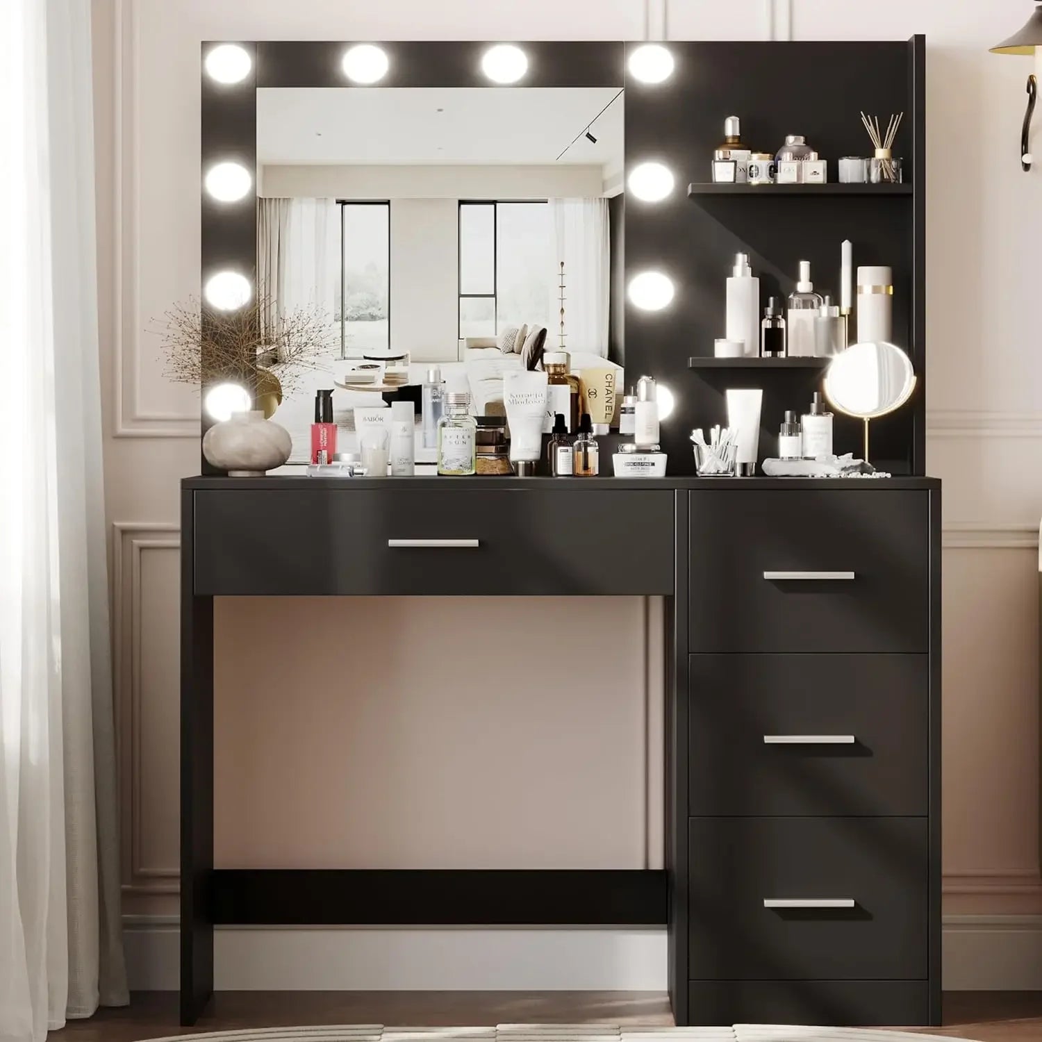Lighted Makeup Vanity Table with Mirror, 4 Drawers & Storage Shelves