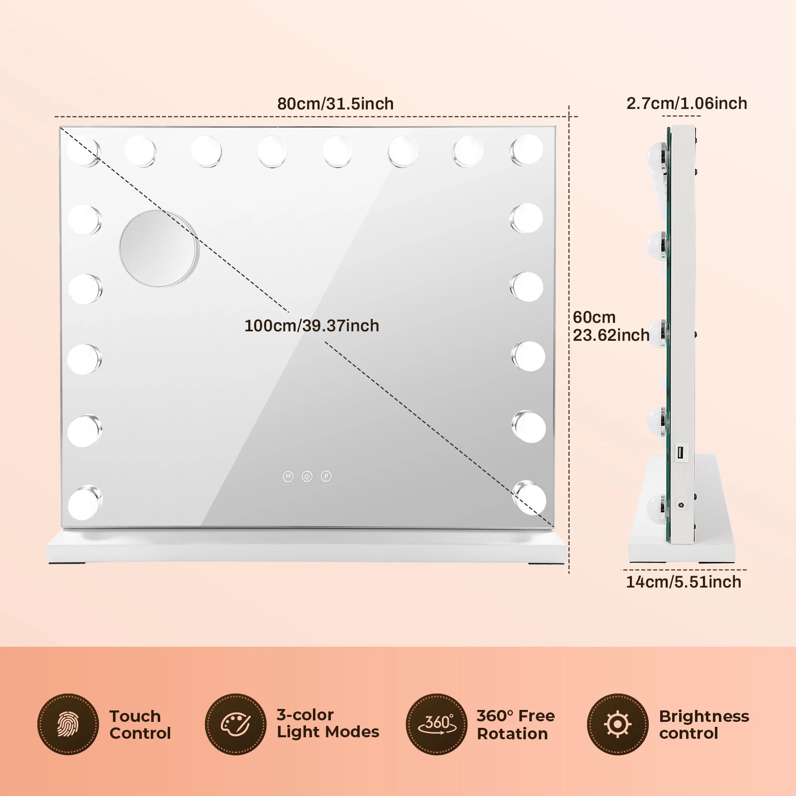 Hollywood Vanity Mirror with Lights, 18 Dimmable LED Bulbs, 3 Color Modes, USB Charging Port, Wall-Mounted or Tabletop