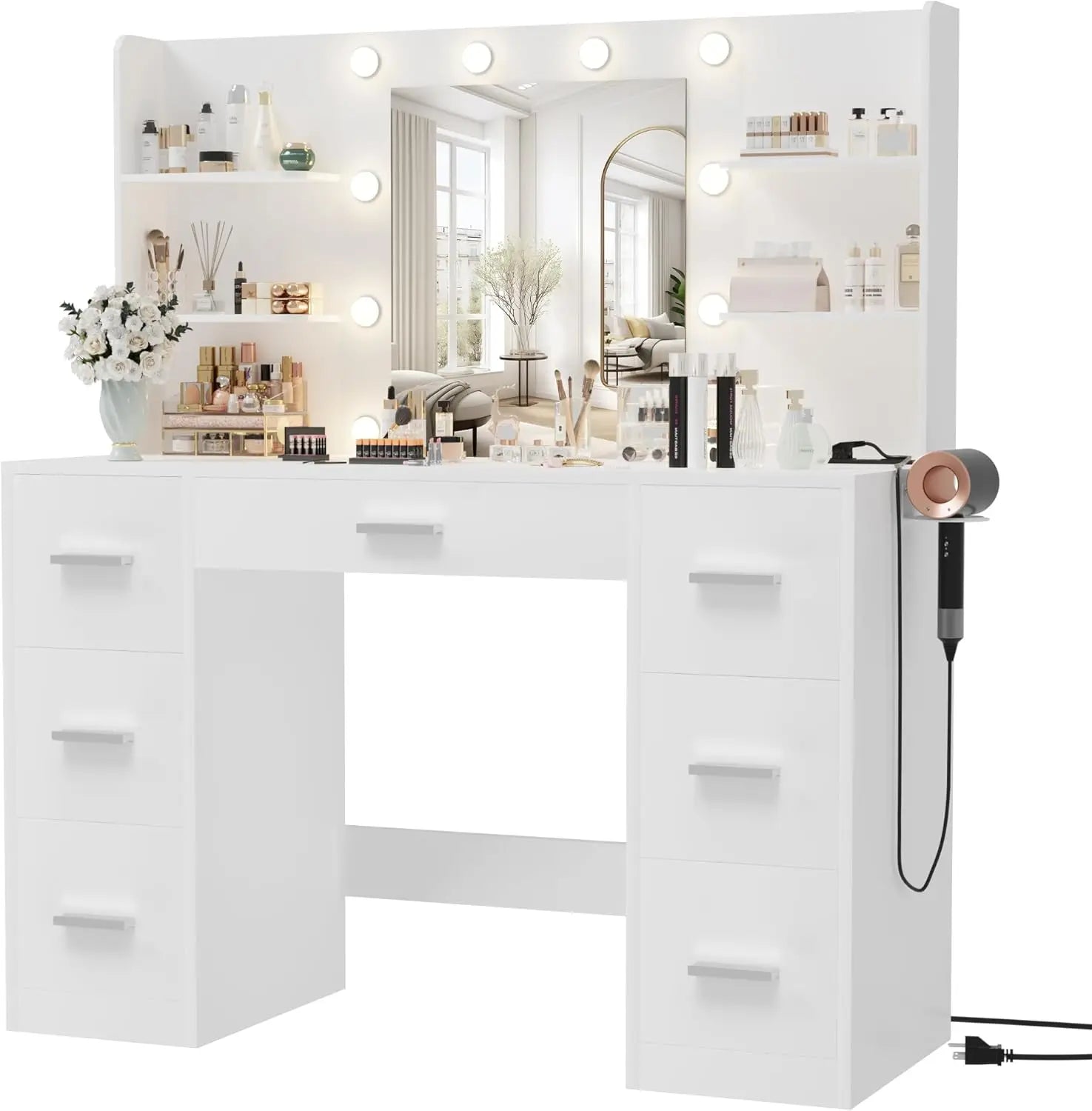 Vanity Makeup Desk with Mirror, LED Lights & Charging Station - 7 Drawers & 6 Storage Shelves