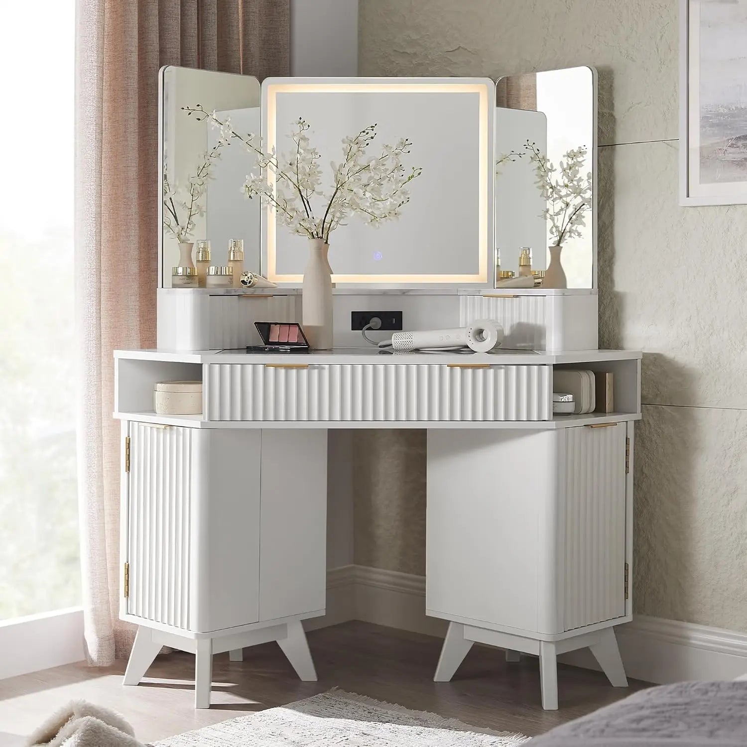 Fluted Makeup Vanity Desk with 3-Way Mirror, LED Lights & Charging Station