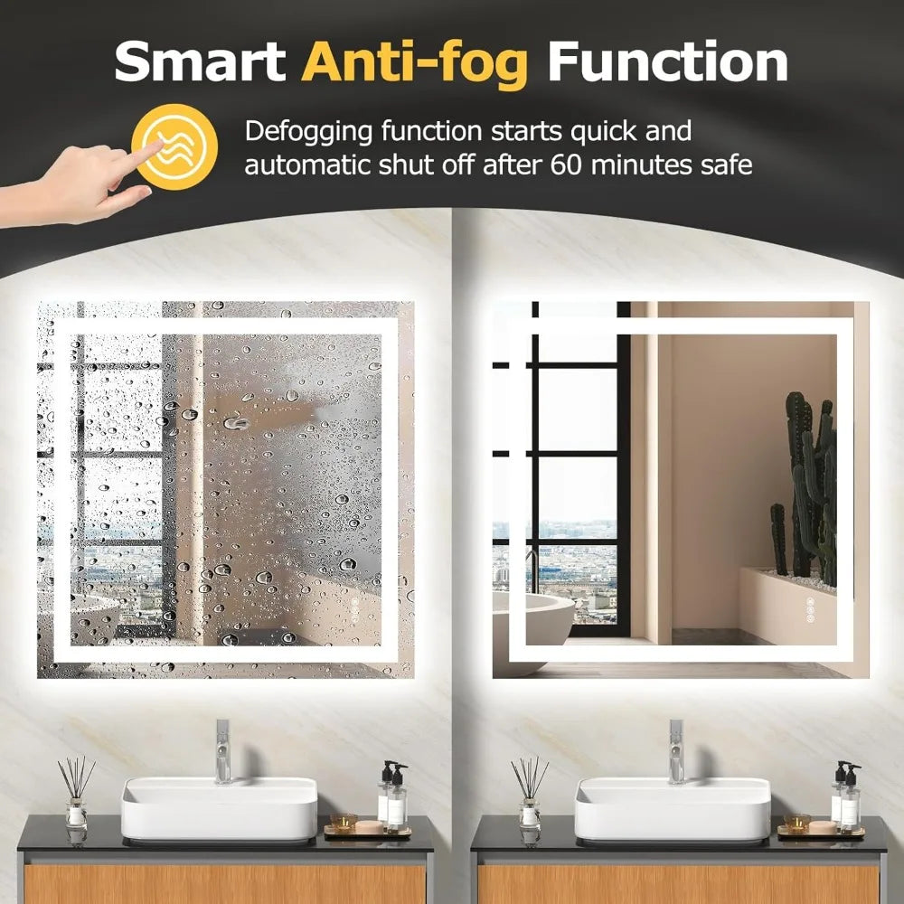 36"x36" LED Bathroom Mirror with Front & Backlight – Dimmable, Anti-Fog, Smart Memory Function