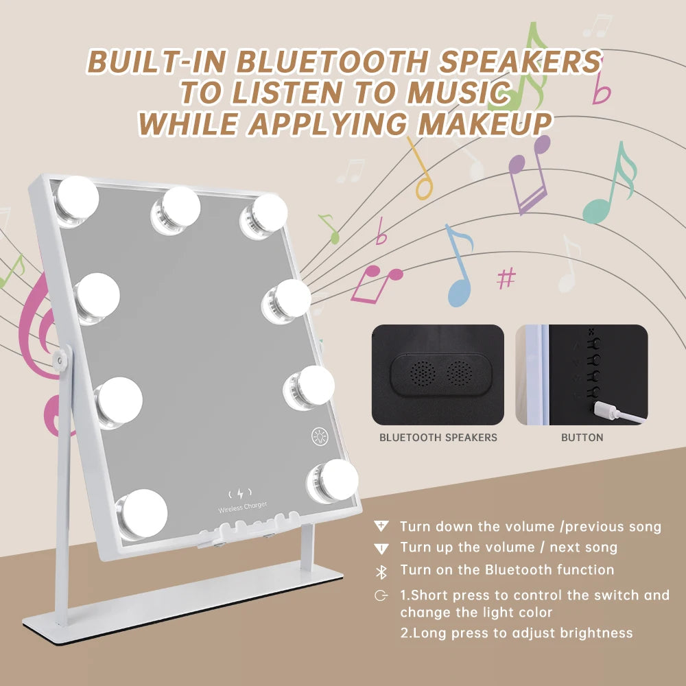 Lighted Vanity Mirror with Bluetooth & Wireless Charging – 9 Dimmable Bulbs, 3 Color Lighting Modes, 10X Magnifier