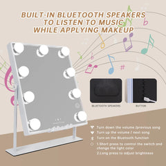 Lighted Vanity Mirror with Bluetooth and Wireless Charging Makeup Lights 9 Dimmable Bulbs 3 Color Lighting Tabletop