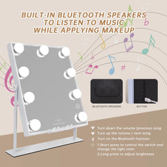 Lighted Vanity Mirror with Bluetooth & Wireless Charging – 9 Dimmable Bulbs, 3 Color Lighting Modes, 10X Magnifier