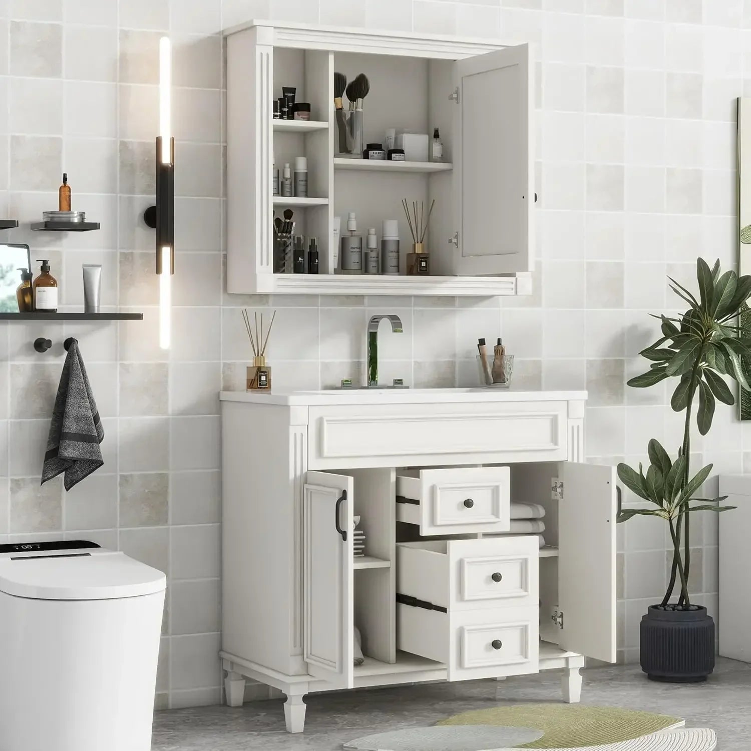 36” Bathroom Vanity with Sink – Solid Wood Frame, Integrated Sink, 2 Doors & 2 Drawers, Matching Mirror Cabinet
