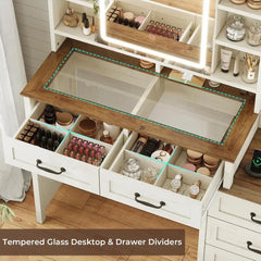 Farmhouse Makeup Vanity with Glass Top, Touch Screen LED Mirror, 3 Lighting Modes, Charging Station, 5 Drawers, Shelves & Cabinet