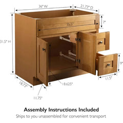 Brookings 36" Bathroom Vanity Cabinet in Modern Birch – Solid Wood, Soft-Close Hinges, Ready to Assemble