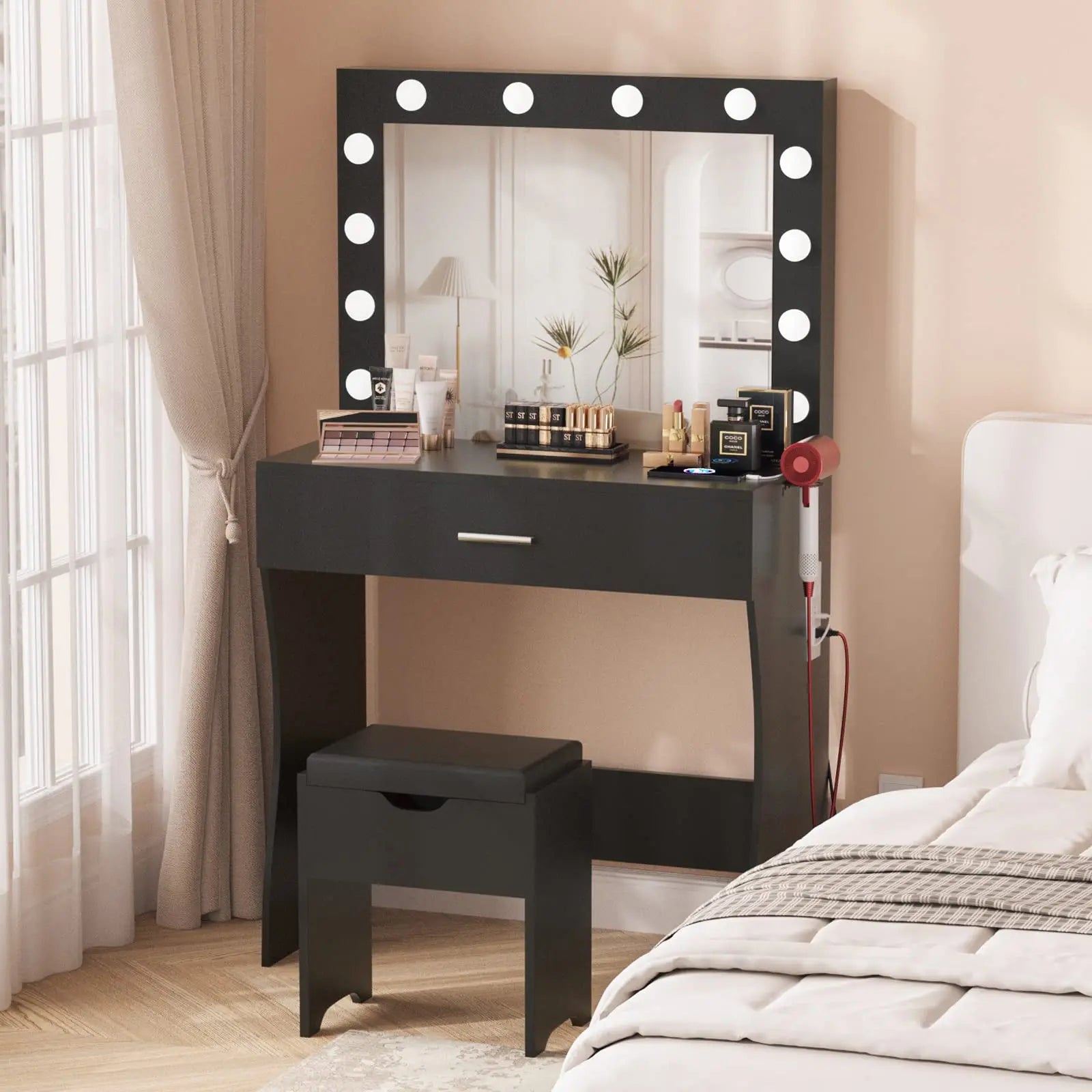 Small Vanity Desk with Mirror, Lights & Storage – Makeup Table with Drawer & Cushioned Stool