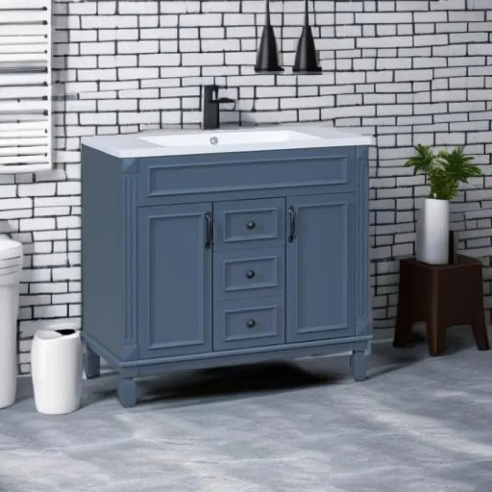 36” Bathroom Vanity with Sink – Solid Wood Frame, Integrated Sink, 2 Doors & 2 Drawers, Matching Mirror Cabinet
