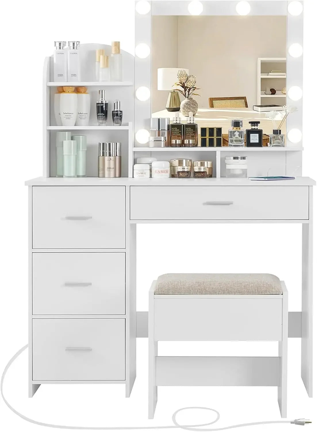 Makeup Vanity Desk with Lighted Mirror, 10 Bulbs, Charging Station & 4-Drawer Chest