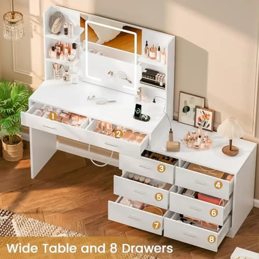 Modern Vanity Desk with LED Mirror, Corner Makeup Table with 8 Drawers & Storage Shelves – White