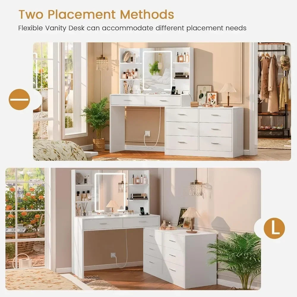 Vanity Desk with LED Lighted Mirror & Power Outlet – 8 Drawers, Open Shelves, Modern Makeup Dressing Table for Bedroom