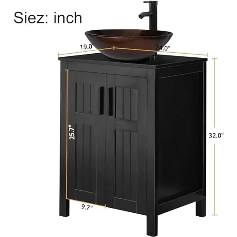 24" Black Wood Bathroom Vanity Cabinet with Ceramic Vessel Sink & Grooved Doors