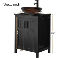 24" Black Wood Bathroom Vanity Cabinet with Ceramic Vessel Sink & Grooved Doors