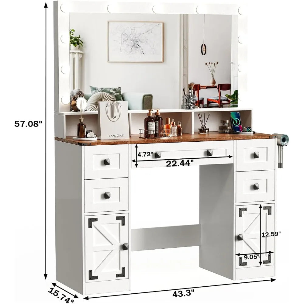 Makeup Vanity Desk with Mirror, Lights & Power Outlet – 43" Dressing Table with Drawers & Barn-Style Cabinets