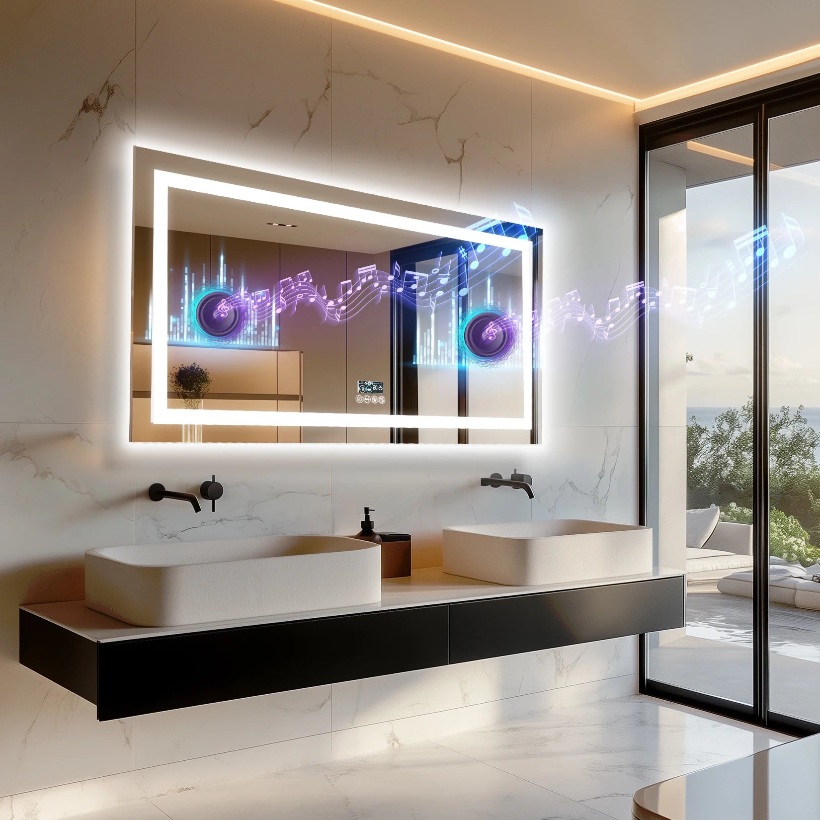 Smart LED Bathroom Mirror with Bluetooth Speaker & Display – Anti-Fog, Dimmable, Dual Light, 3 Color Modes