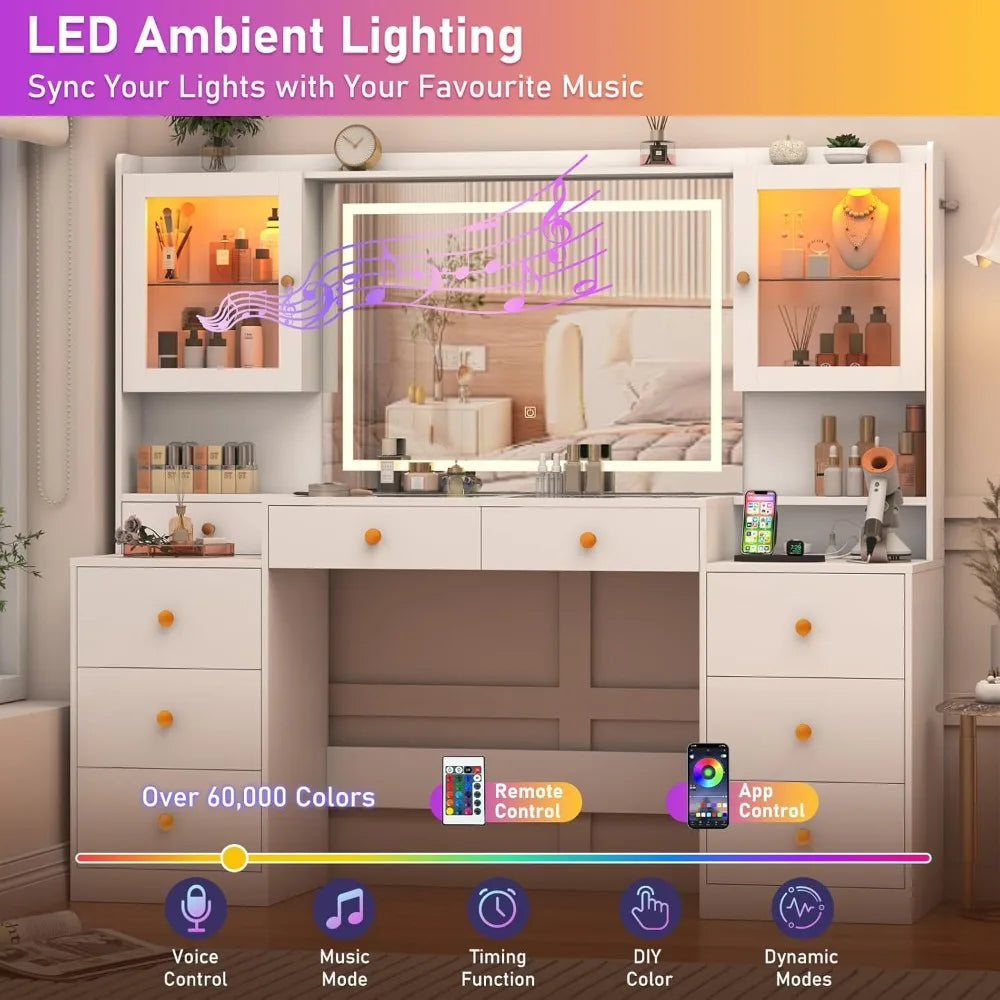 62-Inch Large Vanity Desk with Glass Top, RGB LED Lights, Power Outlet & Mirror
