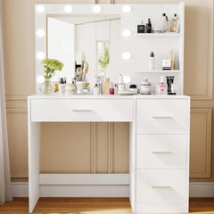 Lighted Makeup Vanity Table with Mirror, 4 Drawers & Storage Shelves
