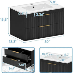 30" Floating Bathroom Vanity with Sink – Wall Mounted Cabinet with 2 Soft-Close Drawers & Modern Metal Handles