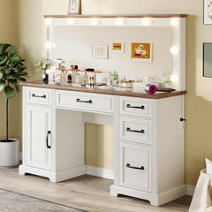 55'' Farmhouse Vanity Desk with Mirror and Lights, Large Makeup Table with Charging Station, Glass Tabletop & 5 Drawers