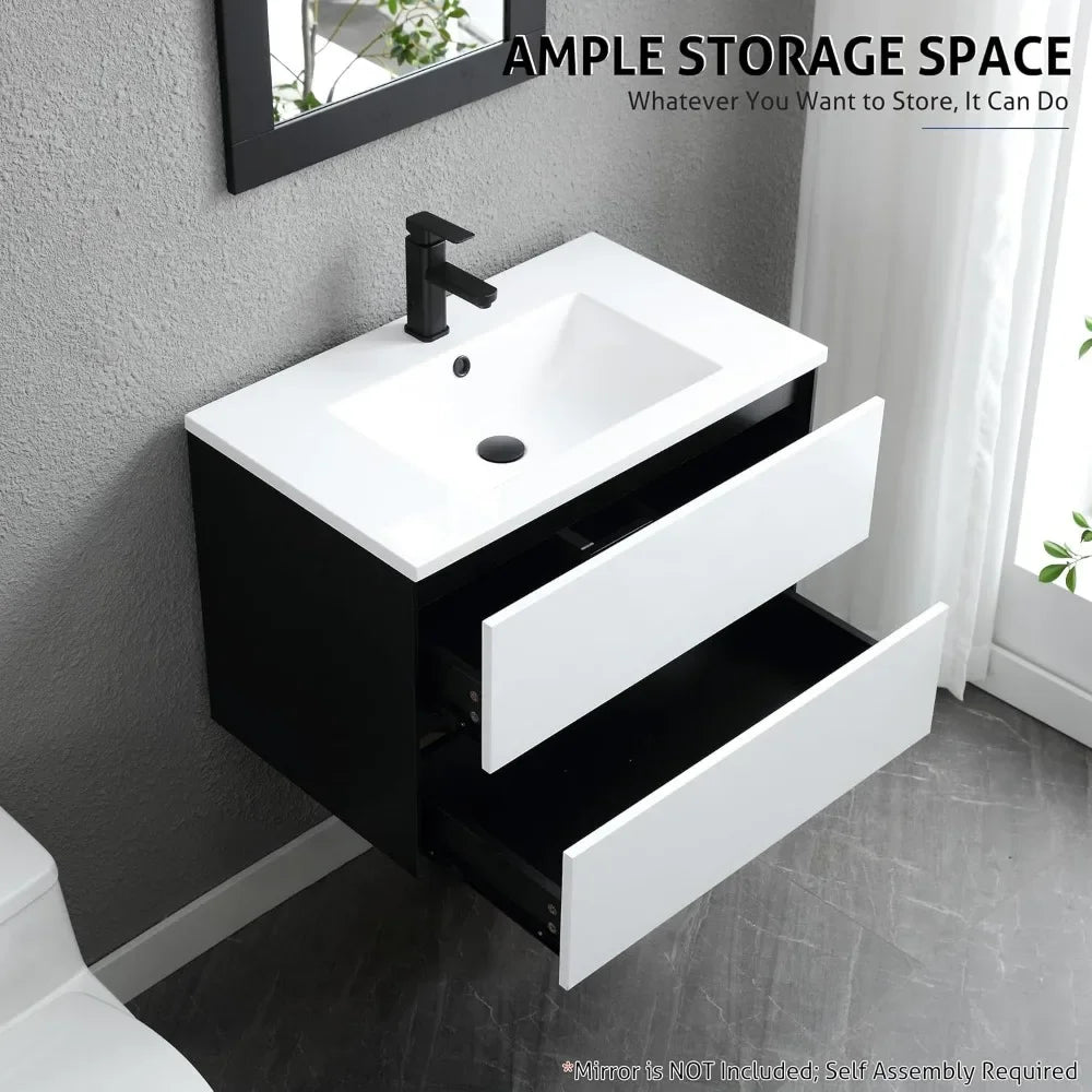 30" Floating Bathroom Vanity with Ceramic Sink & Matte Black Faucet – 2 Drawer Wall-Mounted Cabinet Combo