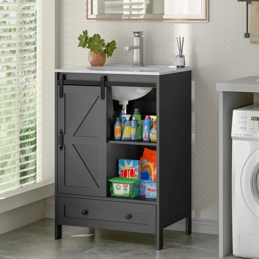 24" Freestanding Bathroom Vanity with Sliding Door, Sink & Faucet Set