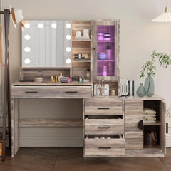 Vanity Desk with Lighted Mirror & Charging Station Makeup Vanity Table with Drawers, Storage Shelves, 10 LED Lights, and Adjustable Brightness