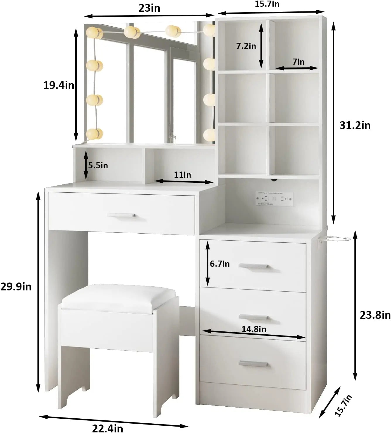 White Vanity Desk with Mirror and Lights – Makeup Vanity Table with Charging Station, Adjustable Lighting & Storage Shelves