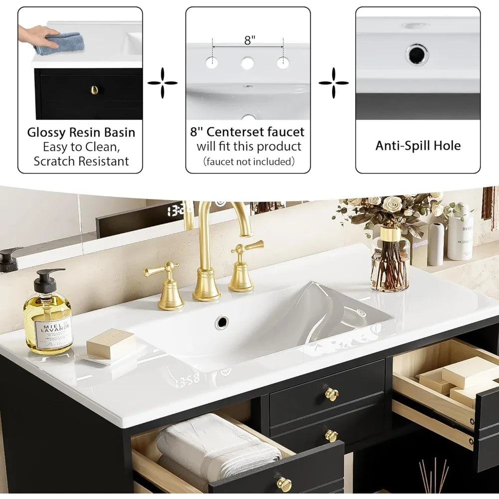 36" Freestanding Bathroom Vanity with Sink – Modern Black Vanity Cabinet with 2 Drawers & 2 Doors, Solid Wood, Farmhouse Style