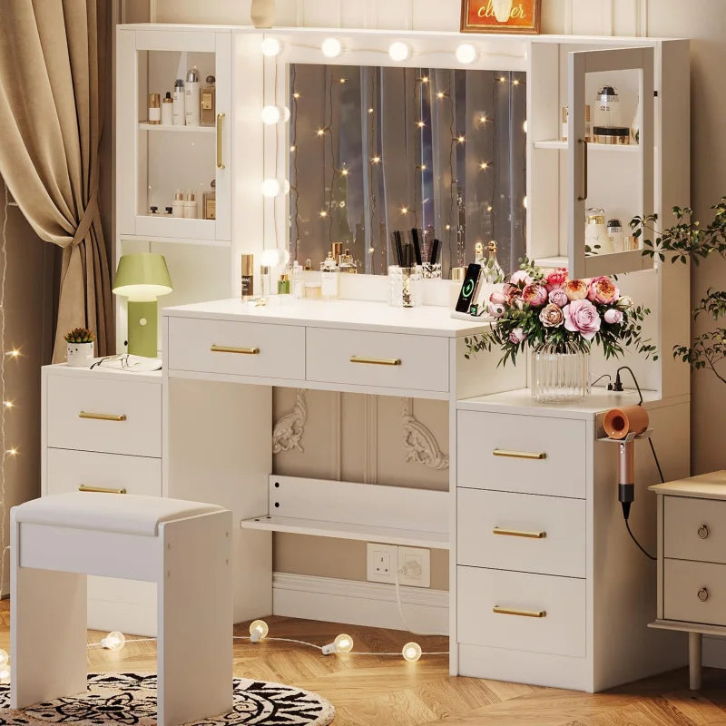 58.3" Makeup Vanity Desk with Lighted Mirror, Drawers & Storage Cabinets