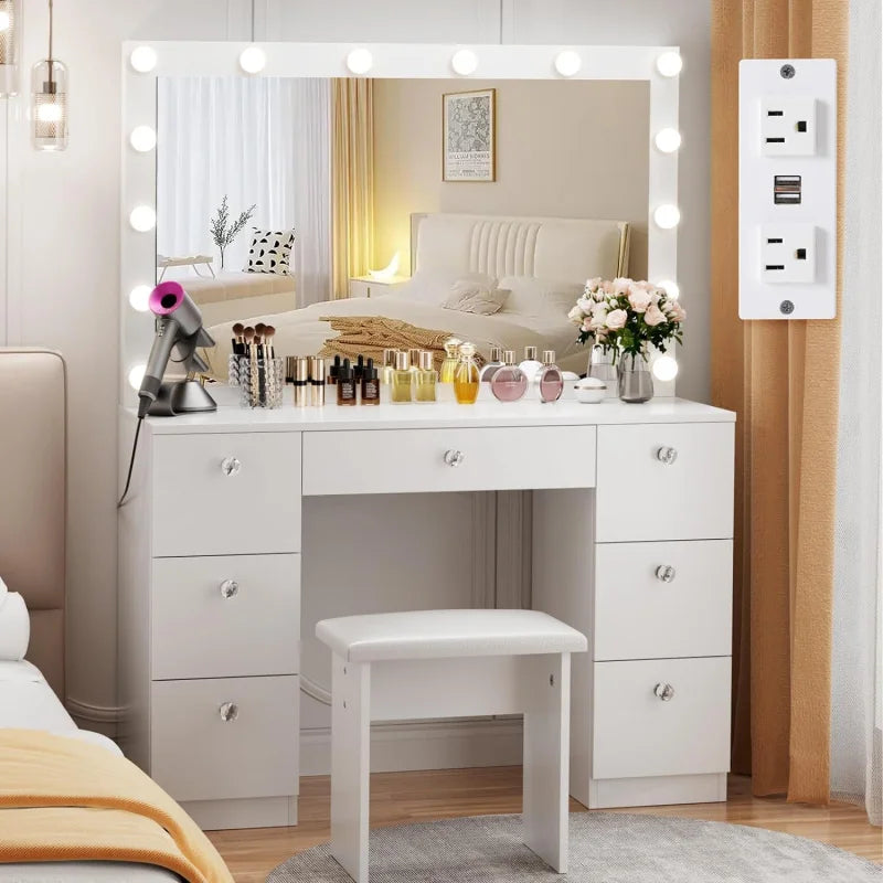 Vanity Desk with Lighted Mirror, 3-Color Modes & Charging Station – 7 Drawers
