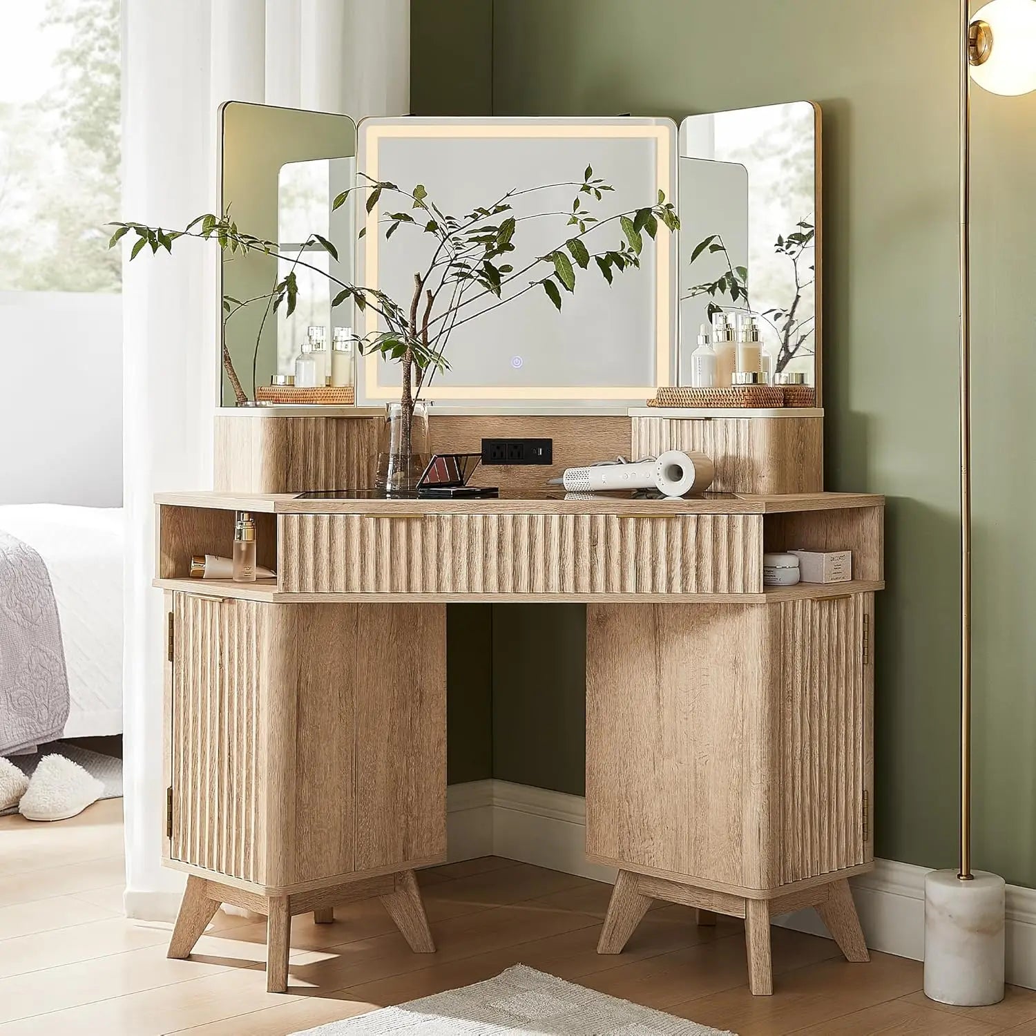Fluted Makeup Vanity Desk with 3-Way Mirror, LED Lights & Charging Station